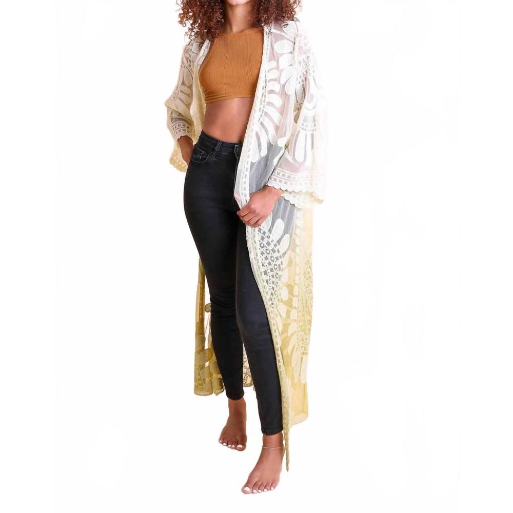 NEW LETO long ombre lace kimono cardigan in ochre